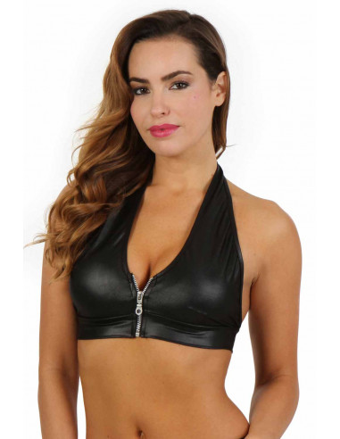 1 Top brassière fermeture laçage dos, zip devant. Composition : Polyester 95%, Coton 5%