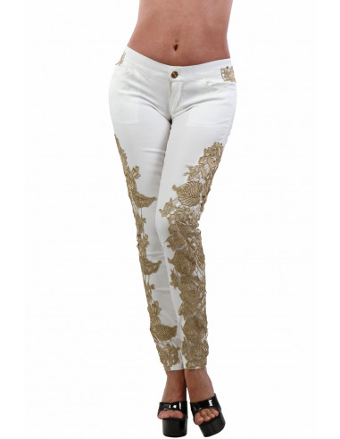 19066-WH White Pants with gold guipure