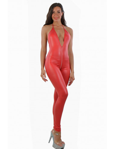 18235-RD Wetlook Backless Jumpsuit...