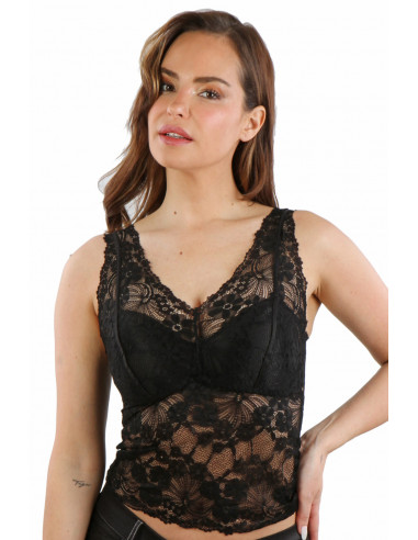 T6801-BK Sleeveless lace Top, V-neck...