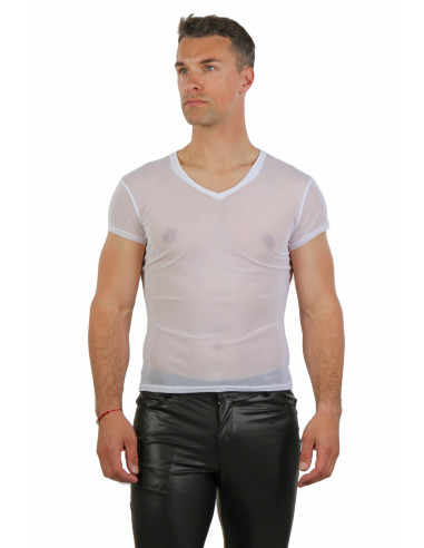 20781-WH Men's V-neck fishnet T-Shirt