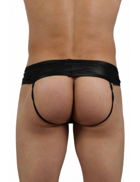 3 Jockstrap en wetlook. Boutons pression devant. Composition : Polyester 95%, Coton 5%