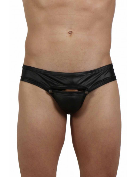 1 Jockstrap en wetlook. Boutons pression devant. Composition : Polyester 95%, Coton 5%