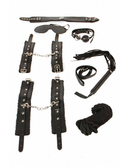 1 Ensemble bondage. Masque, bâillon, collier, laisse, menottes, menottes chevilles, martinet et corde.