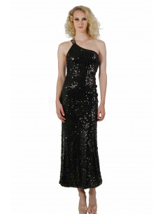 1 Robe longue en sequin. Haut asymétrique. Fermeture zip invisible coté. Finition tissu enduit.