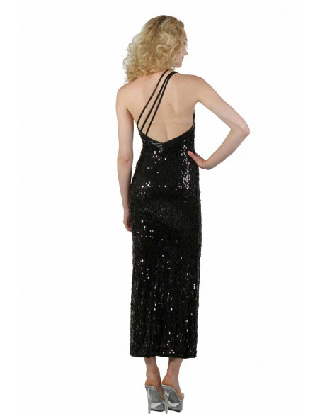 3 Robe longue en sequin. Haut asymétrique. Fermeture zip invisible coté. Finition tissu enduit.