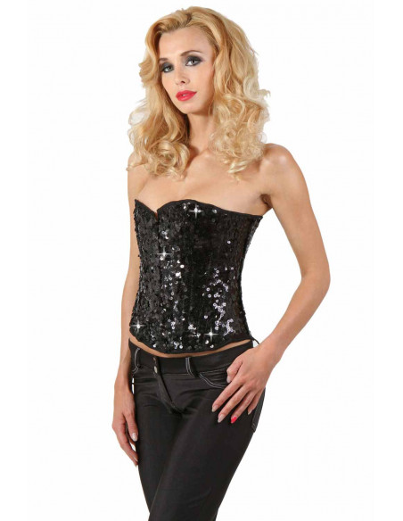 2 Corset en sequin. Fermeture agrafes devant, ajustement laçage corset dos.